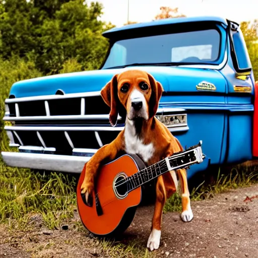 Prompt: A folkpunk brown hound dog playing the guitar, in front of a pickup truck, after the apocalypse