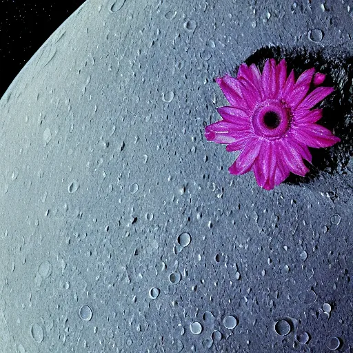 Image similar to a macro of an alien flower in a landscape on the moon with many craters, barren moon landscape, in a big crater at the center there is a beautiful flowering garden, 8 k, bokeh, lowbrow in the style of martin johnson heade and daniel merriam and roger dean,