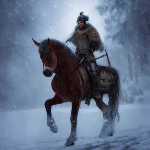 Prompt: A Nordic warrior on horseback in the snowy mountains during a snowstorm, fantasy, medieval, highly detailed, Artstation