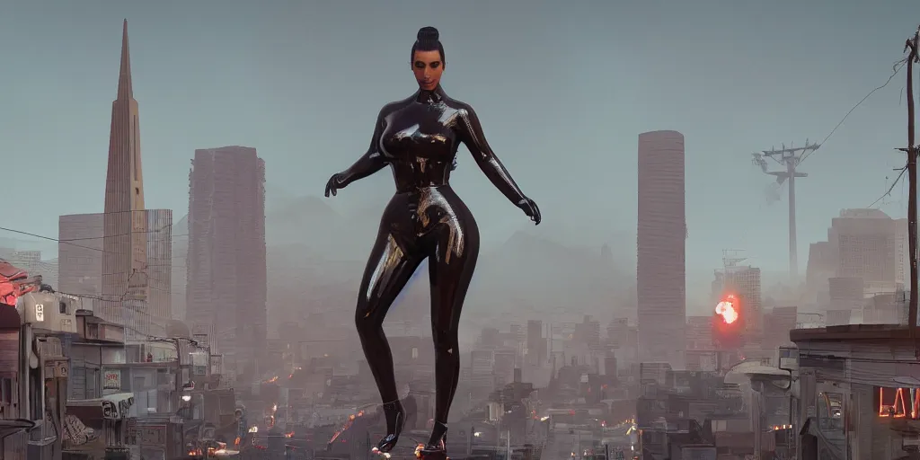 Image similar to cinematic view of kim kardashian statue in the middle of san francisco, dystopia, dead animals falling from the sky, by cedric peyravernay, by kilian eng, high detail, digital painting, industrial art style, death stranding art style, cinematic lighting, artstation, cgsociety, unreal engine 5 render, octane render, 3 5 mm film grain