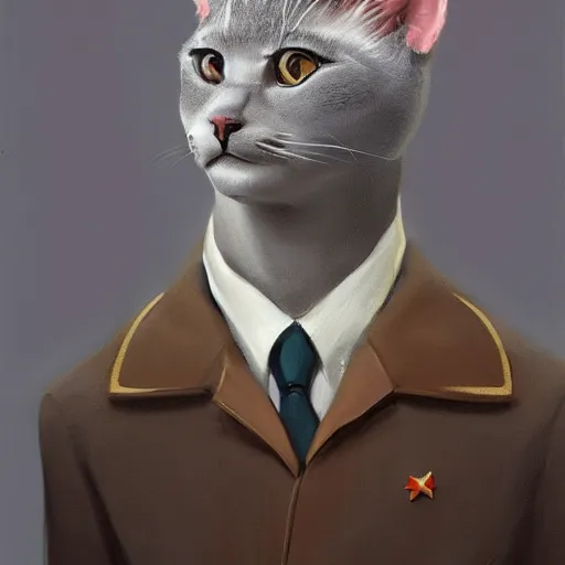 Image similar to Portrait painting of an anthropomorphic gray cat wearing as a 1950's Soviet leader, trending on artstation, by Sergey Kolesov