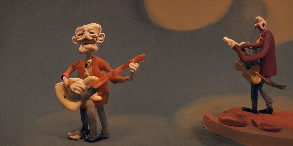 Image similar to a old man playing guitar, surrealistic detailed claymation art, moody, foggy