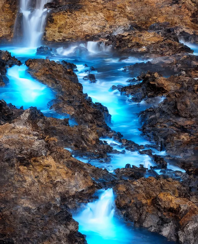 Prompt: endless waterfalls, obsidian cliffs, bright blue glowing water, night photography, magical