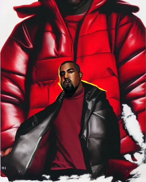 Image similar to kanye west in red puffer jacket, airbrush, drew struzan illustration art, key art, movie poster