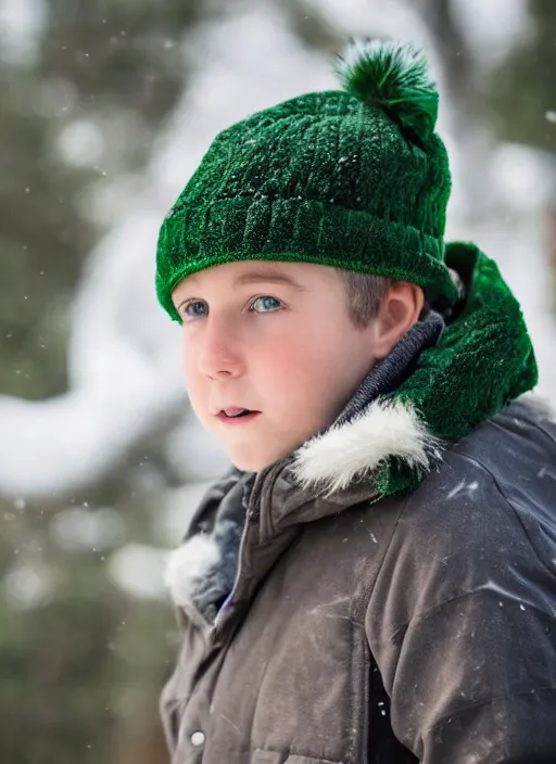 Image similar to portrait photo still of real life young stan marsh wearing a green trapper hat, 8 k, 8 5 mm, f. 1 4