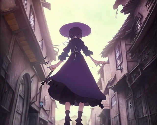 Image similar to ( majo no tabitabi ), key anime visual portrait of a young female witch walking through a busy medieval village, dynamic pose, dynamic perspective, cinematic, dramatic lighting, detailed silhouette, anime proportions, perfect anime, yoh yoshinari, ( violet evergarden )