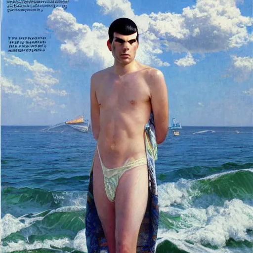 Image similar to portrait of ZACHARY QUINTO SPOCK posing for fashion magazine, beach, sun shining, (SFW) safe for work, photo realistic illustration by greg rutkowski, thomas kindkade, alphonse mucha, loish, norman rockwell