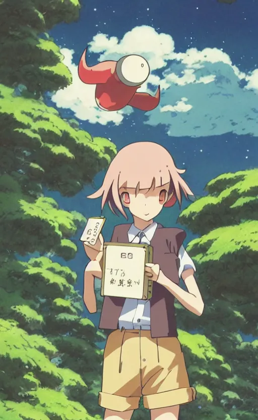 Image similar to a pocket monster go card from 1 9 5 0, illustration, clear sky background, lush landscape, concept art, anime key visual, trending pixiv fanbox, by wlop and greg rutkowski and makoto shinkai and studio ghibli and kyoto animation, realistic anatomy, symmetrical facial features, short hair, hair down, adult beetle trainer, box art