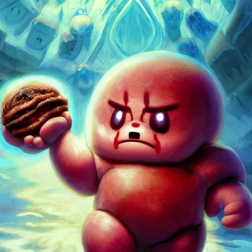 Prompt: kirby binding of isaac, holding meatloaf, hyper realistic, sloppy, gross, meatloaf, hyper realistic, terrifying, disturbing, strange, bizarre, masterpiece, 4 k, vivid colors, elegant, john park, frazetta, john howe, ruan jia, jeffrey catherine jones