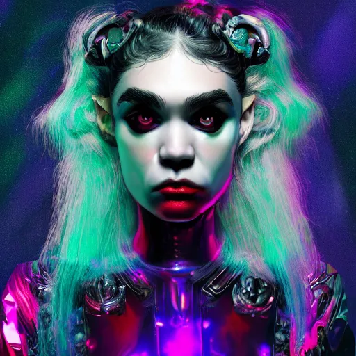 Image similar to album cover of Grimes as a highly detailed holographic super villain character, trending on artstation, concept matte