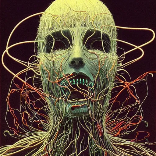 Image similar to a cyborg with many wires and cables Bursting out of them painfully and uncontrollably by junji ito and Zdzisław Beksiński