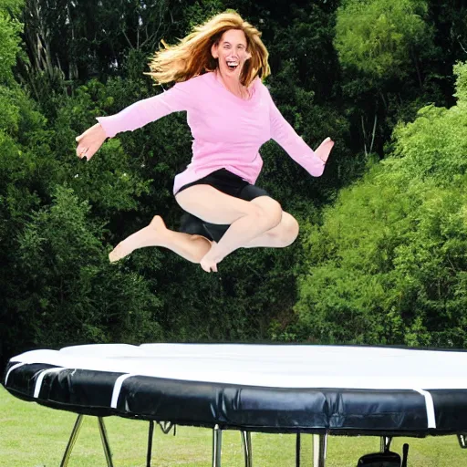 Image similar to a real photo of Julia Roberts jumping on a trampoline, 4K, high quality