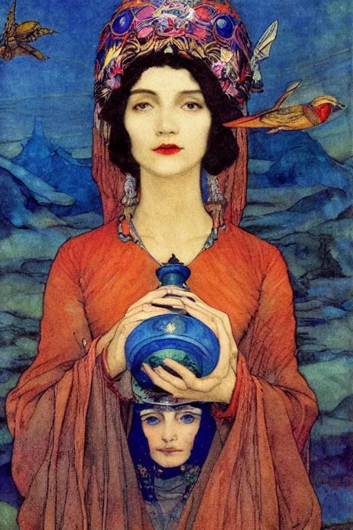 Image similar to queen of the dawn with her lantern and birds, by Annie Swynnerton and Nicholas Roerich Edmund Dulac, elaborate headdress and embroidered velvet, iridescent beetles, rich color, dramatic cinematic lighting, extremely detailed