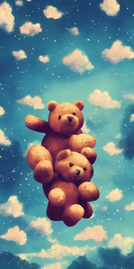 Prompt: teddy bears falling from the sky, anime scenery, digital art, 4k ultra