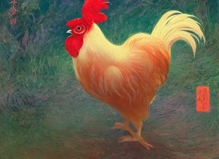 Image similar to a gorgeous paradise rooster japanese art is looking at a bird, ethereal, horror, fantasy art by greg rutkowski and magali villeneuve and claude monet