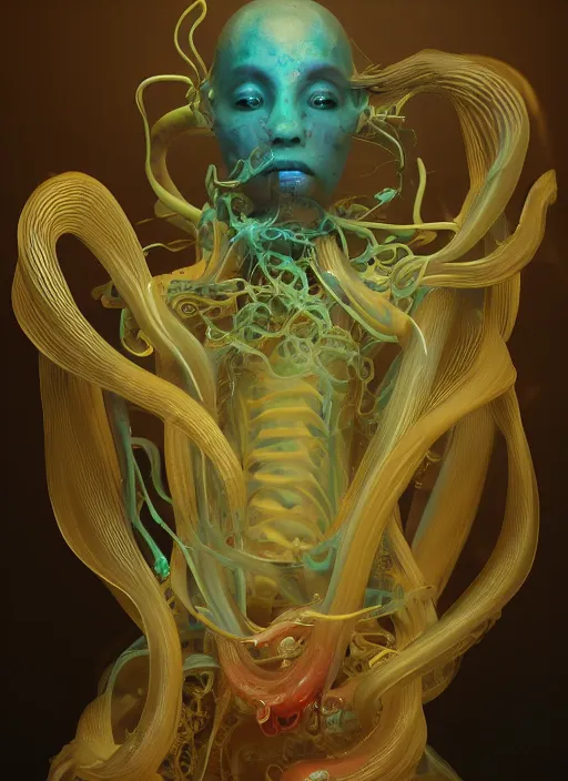 Image similar to subsurface scattering, organic cyborg made of soft wax, cgsociety, translucent, organic squid and ceramic art nouveau swirls, golden orbs, colored smoke, in the style of alberto seveso and ruan jia and beeple and giger, mystical colors, back light, rim light, dramatic lighting, 8 k, stunning scene, raytracing, octane render