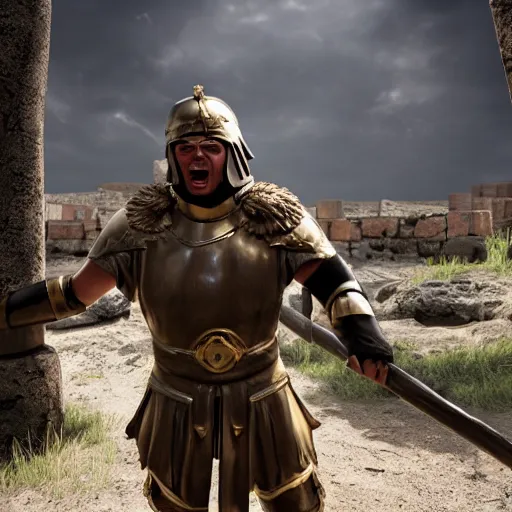 Image similar to a roman solider going into battle with a face that is angry and one that of breavey, 4 k, unreal engine 6, very detailed, high quality, highly rendered