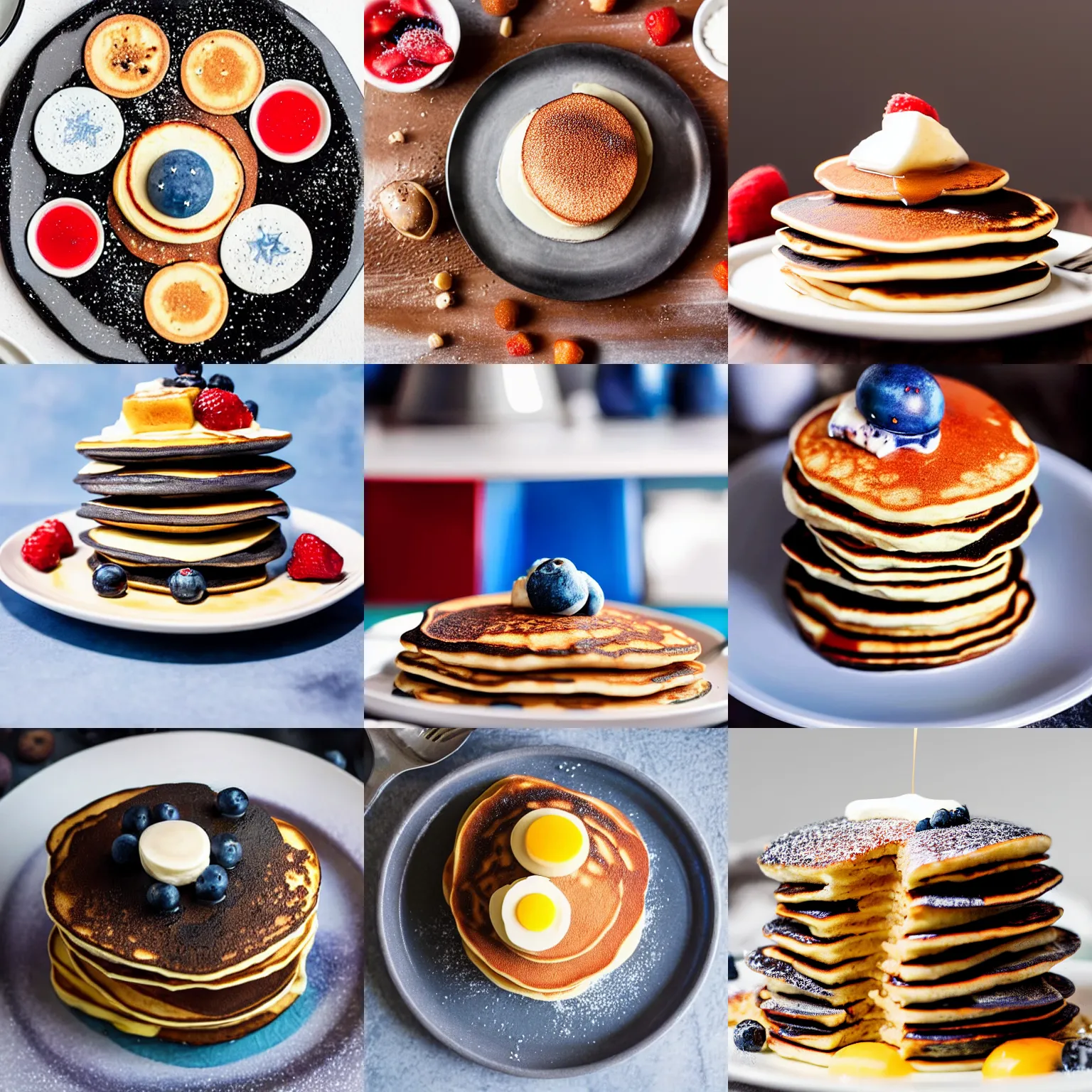 Prompt: Space themed pancake stack on a plate, seen from the side, f3.2, 50mm