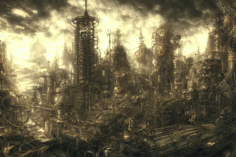 Image similar to steampunk anime landscape, beautiful, artstation trending, deviantart, highly detailed, focus, smooth, by hirohiko araki, yoshitaka amano