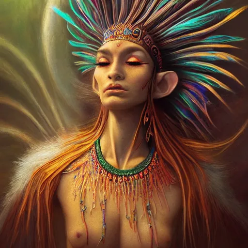 Image similar to fantasy art, highly detailed, beautiful, surreal, ayahuasca shaman, smooth, trending on artstation, beautiful, serene, meditating, digital art, prismatic, light diffusion, digital art, smooth render, octane render, dmt, ascending, breakthrough, elven, pearlescent by moebius