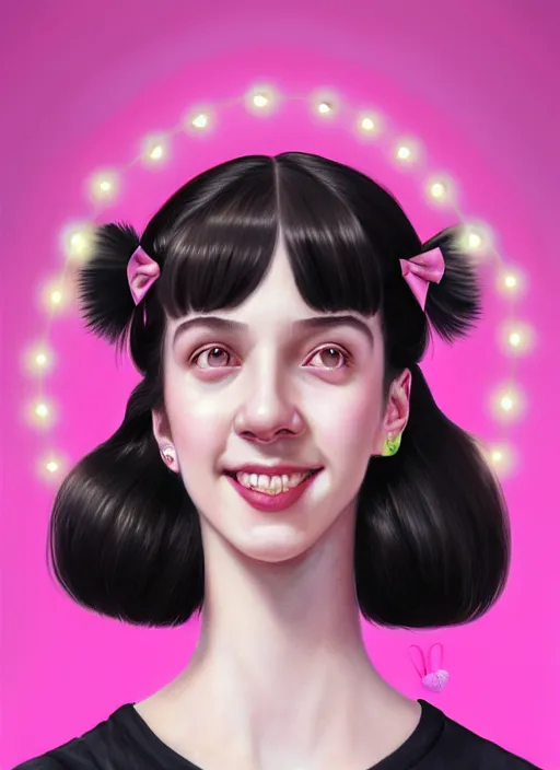 Image similar to portrait of high school girl, realistic, black hair, bangs, half updo hairstyle, pointy nose, skinny, smile, ugly, defined jawline, big chin, pink hair bow, earrings, intricate, elegant, glowing lights, highly detailed, digital painting, artstation, sharp focus, illustration, art by wlop, mars ravelo and greg rutkowski