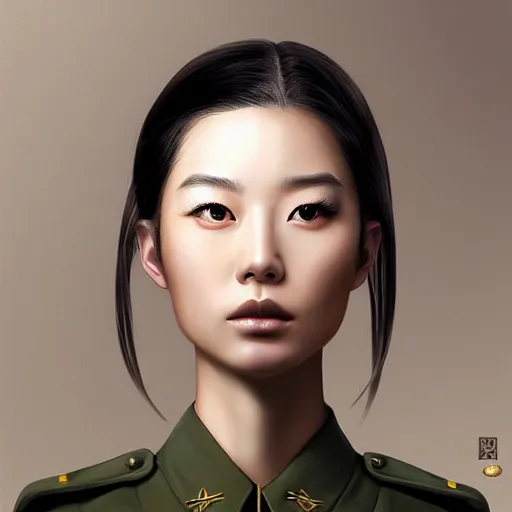 Prompt: portrait of beautiful japan woman soldier in uniform, by artgerm, nick silva, ja mong, greg rutkowsky, digital, soft painting, photorealism, skin reflections