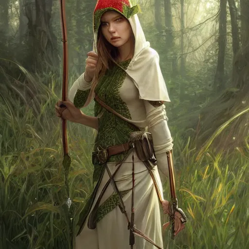 Image similar to beautiful natural cottagecore archer elf hooded longbow verdant lush hidden camouflage, intricate, elegant, highly detailed, digital painting, artstation, concept art, smooth, sharp focus, illustration, art by artgerm and greg rutkowski and alphonse mucha and loish and wlop