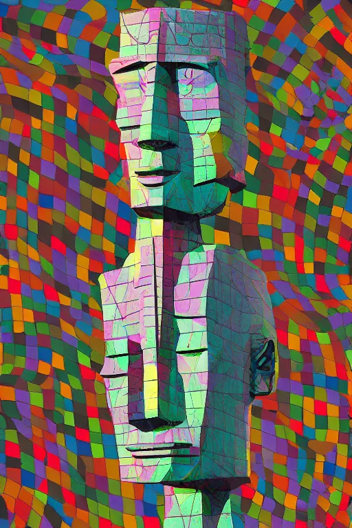 Image similar to cubist moai statue cutout digital illustration cartoon colorful beeple