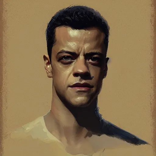 Image similar to “ portrait of rami malek by greg rutkowski, young, attractive, highly detailed portrait, scifi, digital painting, artstation, concept art, smooth, sharp foccus ilustration, artstation hq ”