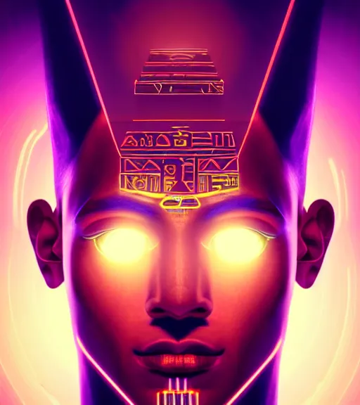 Image similar to symmetry!! egyptian god of technology, solid cube of light, hard edges, product render retro - futuristic poster scifi, lasers and neon circuits, brown skin handsome egyptian god, intricate, elegant, highly detailed, digital painting, artstation, concept art, smooth, sharp focus, illustration, dreamlike, art by artgerm