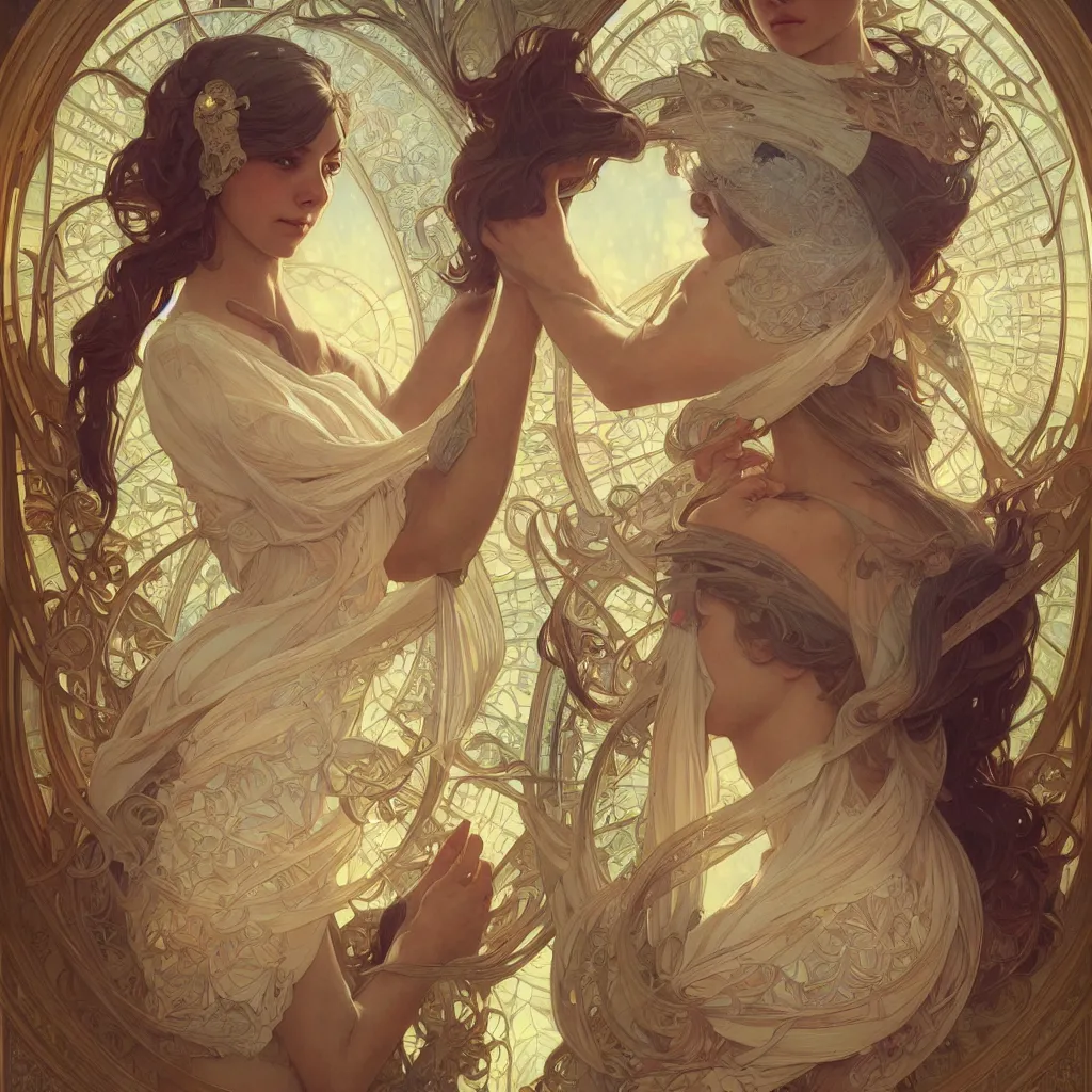 Image similar to symmetry seamless, fantasy, window intricate, elegant, highly detailed, digital painting, artstation, concept art, smooth, sharp focus, illustration, art by artgerm and greg rutkowski and alphonse mucha