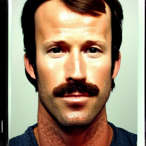 Image similar to Mugshot Portrait of Kip Dynamite, taken in the 1970s, photo taken on a 1970s polaroid camera, grainy, real life, hyperrealistic, ultra realistic, realistic, highly detailed, epic, HD quality, 8k resolution, body and headshot, film still, front facing, front view, headshot and bodyshot, detailed face, very detailed face