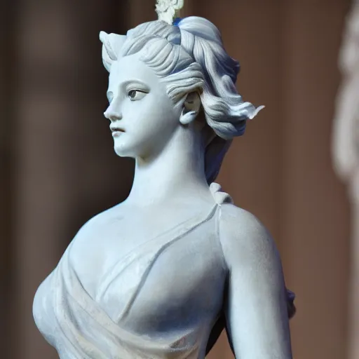 Prompt: a photo a huge marble statue of Lady Lunafreya, shallow focus