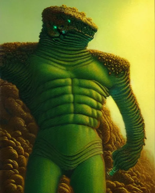 Image similar to portrait giant green humanoid with his fist up, brown armor, background ancient alien landscape, low angle, close up, concept art, intricate details, highly detailed, sci - fi poster, future, sci - fi art, in the style of chris foss, rodger dean, moebius, michael whelan, and gustave dore