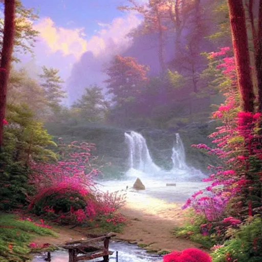 Prompt: a beautiful place where i go to hide, painting by Felix Kelly and Gil Elvgren and Thomas Kinkade
