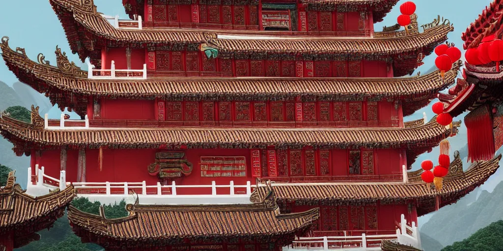 Prompt: a very high resolution image from a new movie, upside - down chinese temple, beautiful scenery, photorealistic, photography, directed by wes anderson