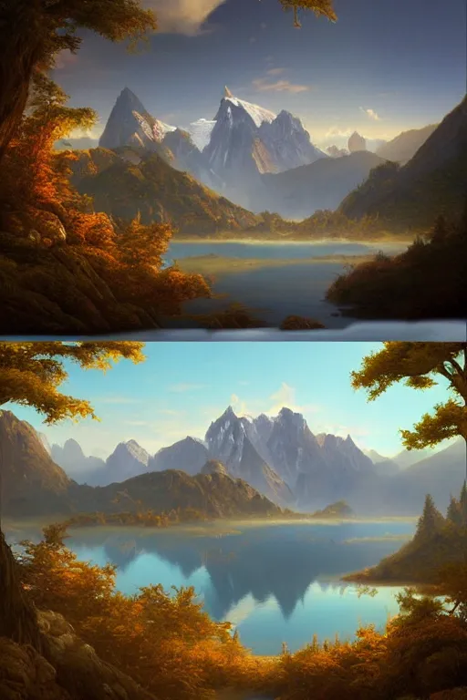 Prompt: a painting of a mountain range with a lake in the foreground, a detailed matte painting by christophe vacher, deviantart, fantasy art, matte painting, bob ross, terragen