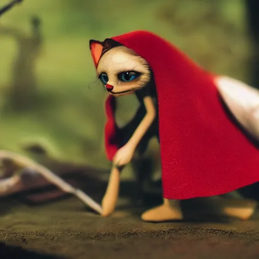Image similar to a cinematic film still of a claymation stop motion film starring emma watson as little red riding hood, and realistic wolf, shallow depth of field, 8 0 mm, f 1. 8