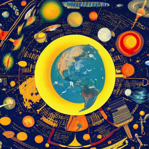 Image similar to highly detailed graphic poster with the world on fire, surrounded by space junk and old satellites, as seen from space, in the style of old botanical illustrations, matisse, caravaggio and japanese art, 4 k