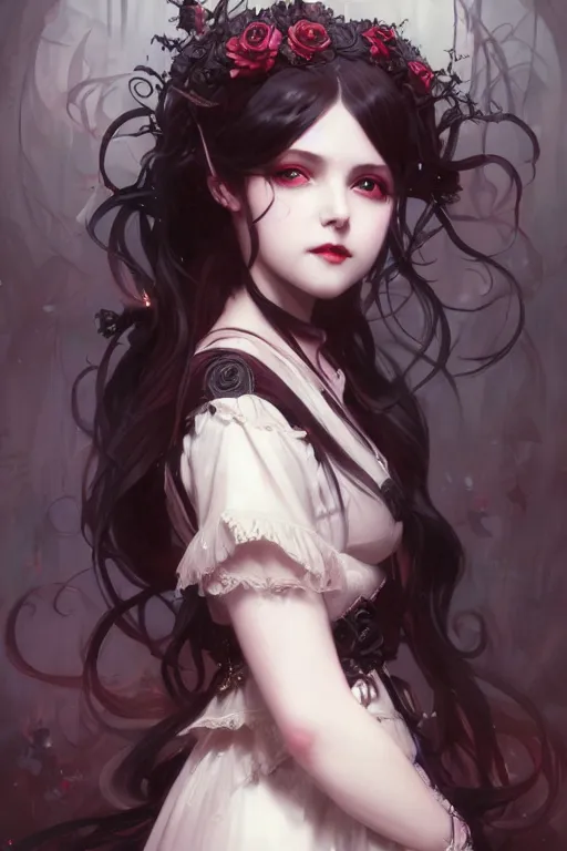 Prompt: portrait of radical lolita girl, dreamy and ethereal, red eyes, smiling expression, ornate goth dress, dark fantasy, chaotic, elegant, black crows flying, highly detailed, digital painting, artstation, concept art, smooth, sharp focus, illustration, art by artgerm and greg rutkowski and alphonse mucha