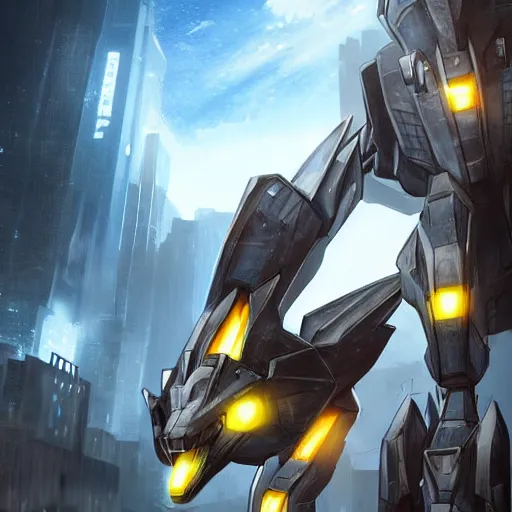 Image similar to hyper realistic, photographic, highly detailed cinematic full body shot of a 4 legged giant mecha canine, sharp claws, sleek armor, glowing visor, charging through city, destroying city, digital art, furry art, dragon art, zoids art, furaffinity, deviantart