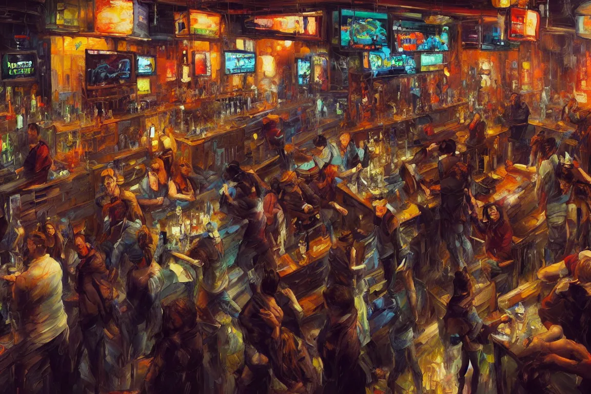 Prompt: highly detailed expressionist oil painting of cyberpunk bar full of people, detailed faces, expressive, impasto, pastel shades, rough canvas textured, dynamic pose, top lighting, loose brush strokes, perfect face, hyper detailed face, digital painting, artstation, concept art, hyper detailed eyes, art by sam spratt and peter mohrbacher and james jean