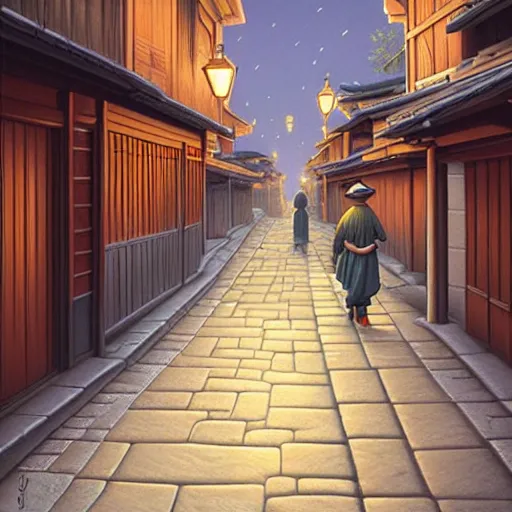 Prompt: walking the streets of old kyoto by evgeny lushpin