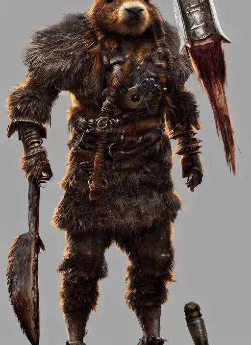 Image similar to detailed full body concept art illustration, oil painting on canvas of an anthropomorphic capybara barbarian in full intricate clothing, biomutant, dystopian, micro detail, octane render, 4K