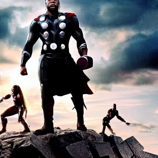 Prompt: Black Thor, Avengers end credits movie still, cinematic