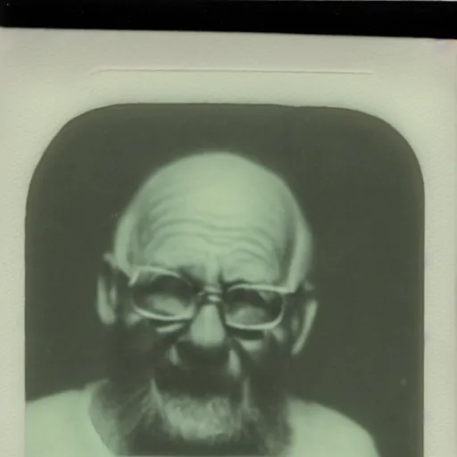 Prompt: a realistic polaroid photo of an old man after a failed experiment inside a laboratory, the head of the old man is deformed and dark, cosmic horror