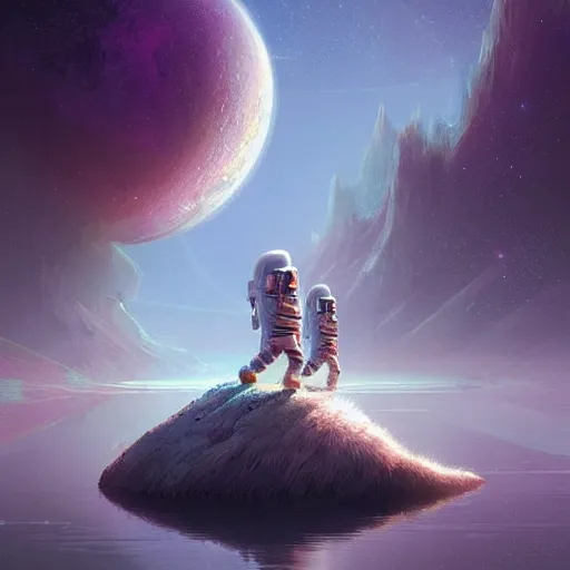 Image similar to Astronauts and some mythical animals are resting to the side of a reflecting lake, this is a surface of a planet with wacky wildlife, some planets and nebulas are as background, by Jordan Grimmer digital art, trending on Artstation,