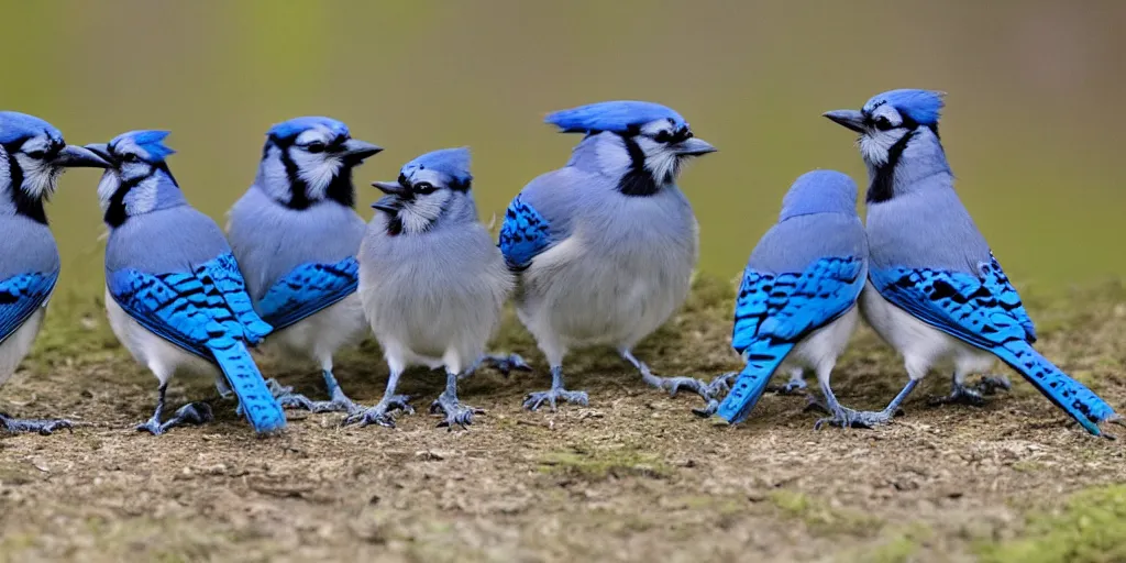 Image similar to a group of blue jay birds having a tea party.