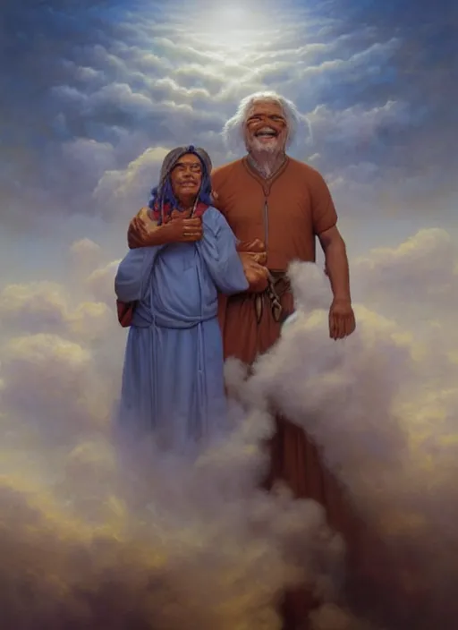 Prompt: portrait of an indigenous grandfather and grandmother in the clouds, smiling, protection, benevolence, ancestors, art by christophe vacher