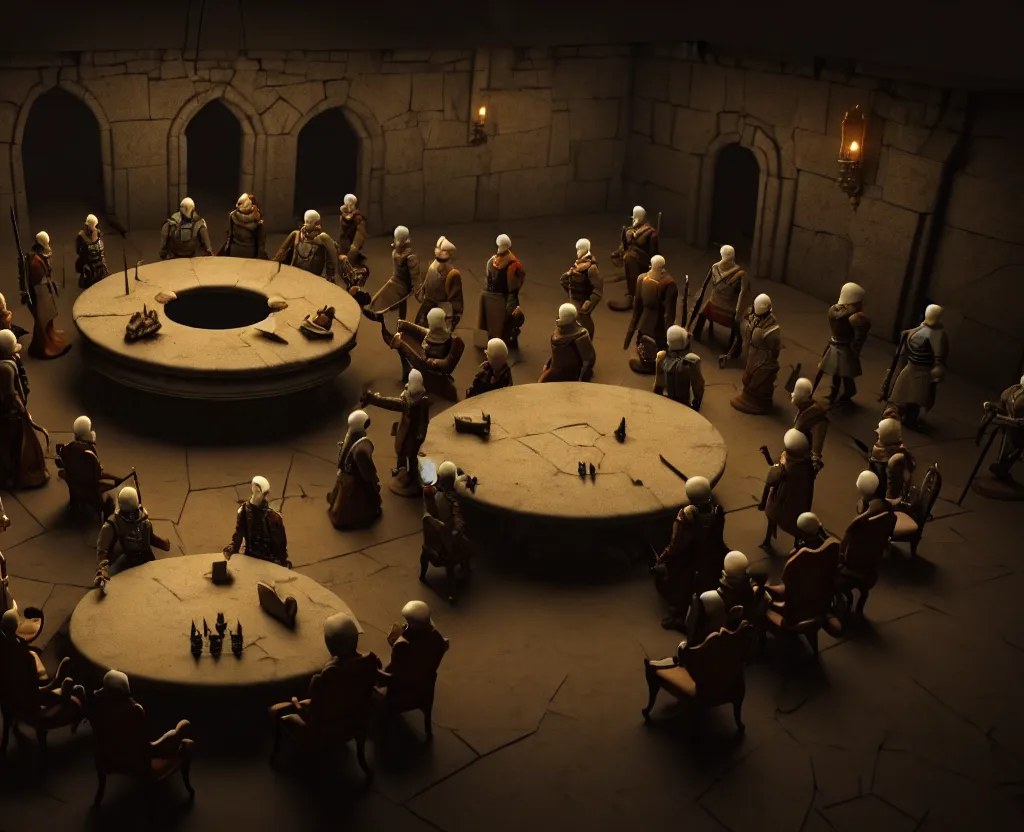 Image similar to the forbidden underground meetings of the traitors, a dimly lit stone room, some old chairs, all traitors are standing around a roundtable debating how to kill the king, cinematic landscape, betrayal in the air, octane render, artstation